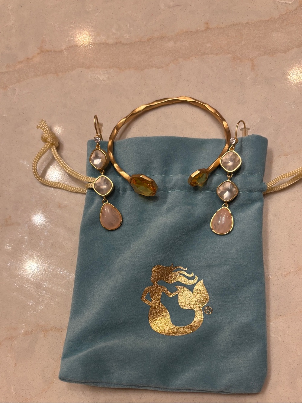 Gold Tone Bracelet with amber jewels and Pink/clear Drop Earrings